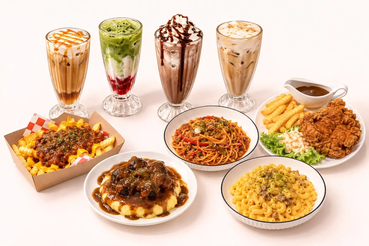 Spread of Lulu café mains, fries and iced drinks on a white background